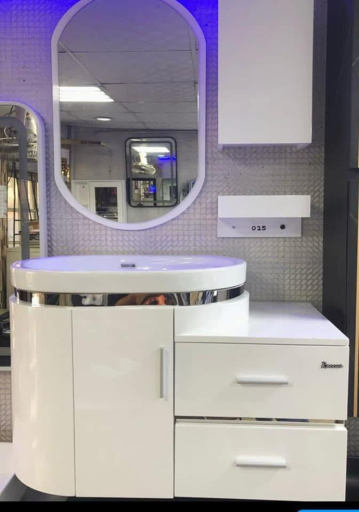 Modern white bathroom vanity cabinet set with basin and mirror