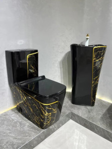 Luxury Black and Gold marble-cloured toilet and Pedestal sink set