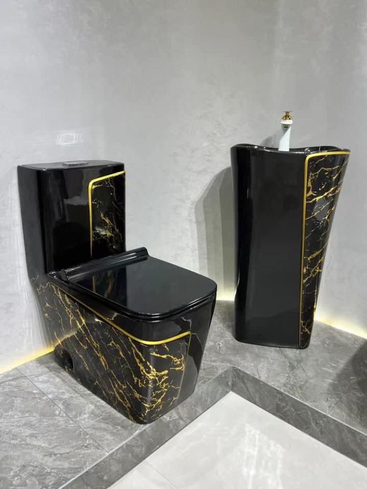 Luxury Black and Gold marble-cloured toilet and Pedestal sink set