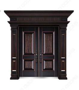 Cast Aluminum Front Entrance Door with a textured black finish and copper-toned koi fish and lotus leaf decorative Element