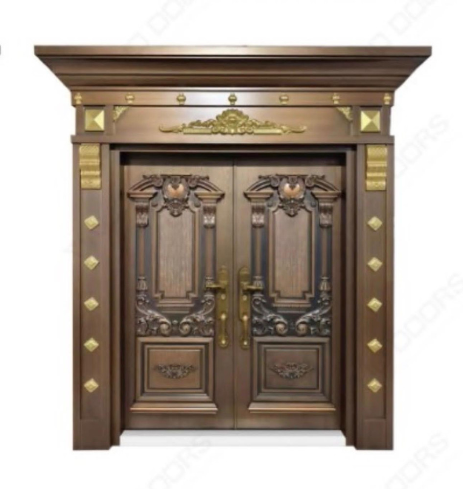 Double-leaf Security door with a black frame and bronze-coloured textured panels