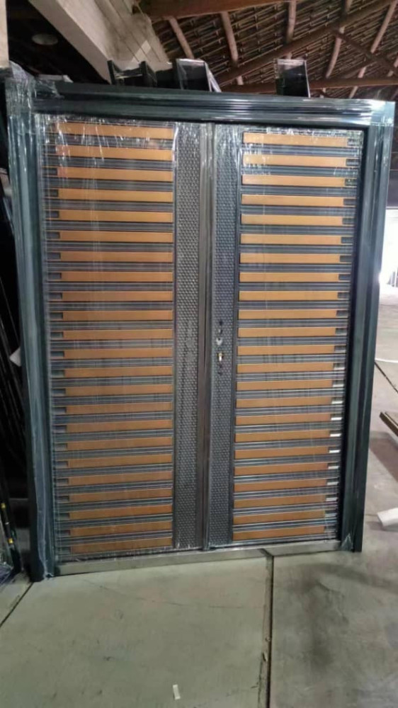 Steel Security Entrance Door with a slattd Two-tone design