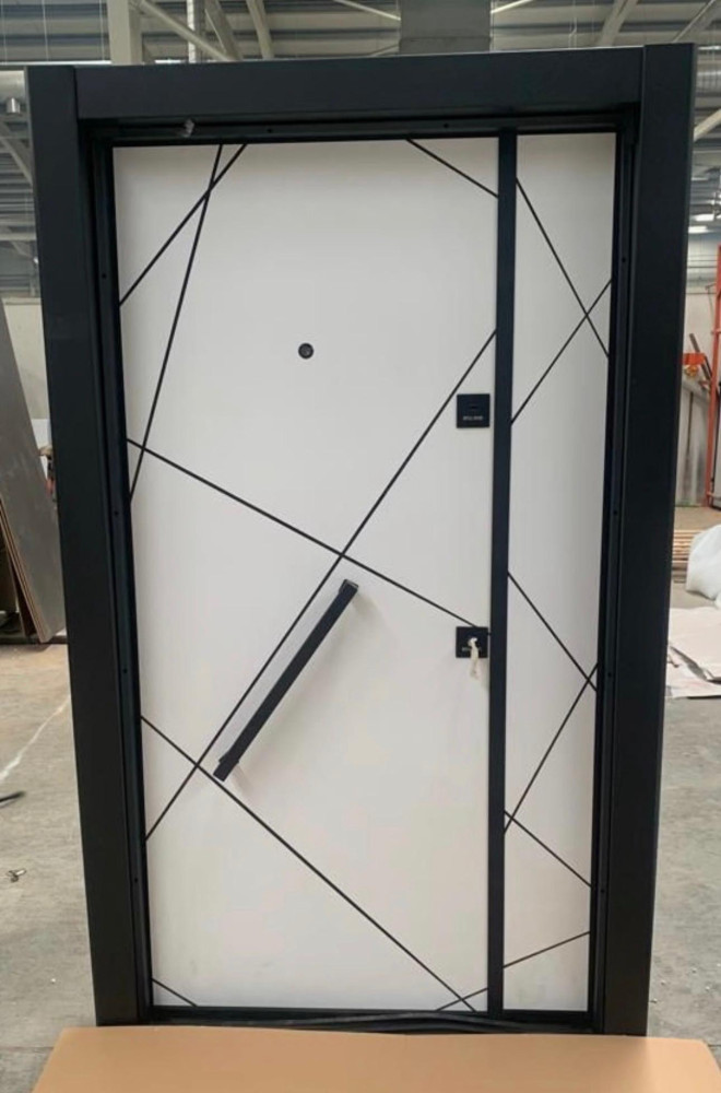 Modern Security Door with White finish and Black geometric accents