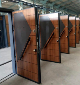 Turkish Security Steel Door with a wood-grain finish and a black daimond-shaped panel