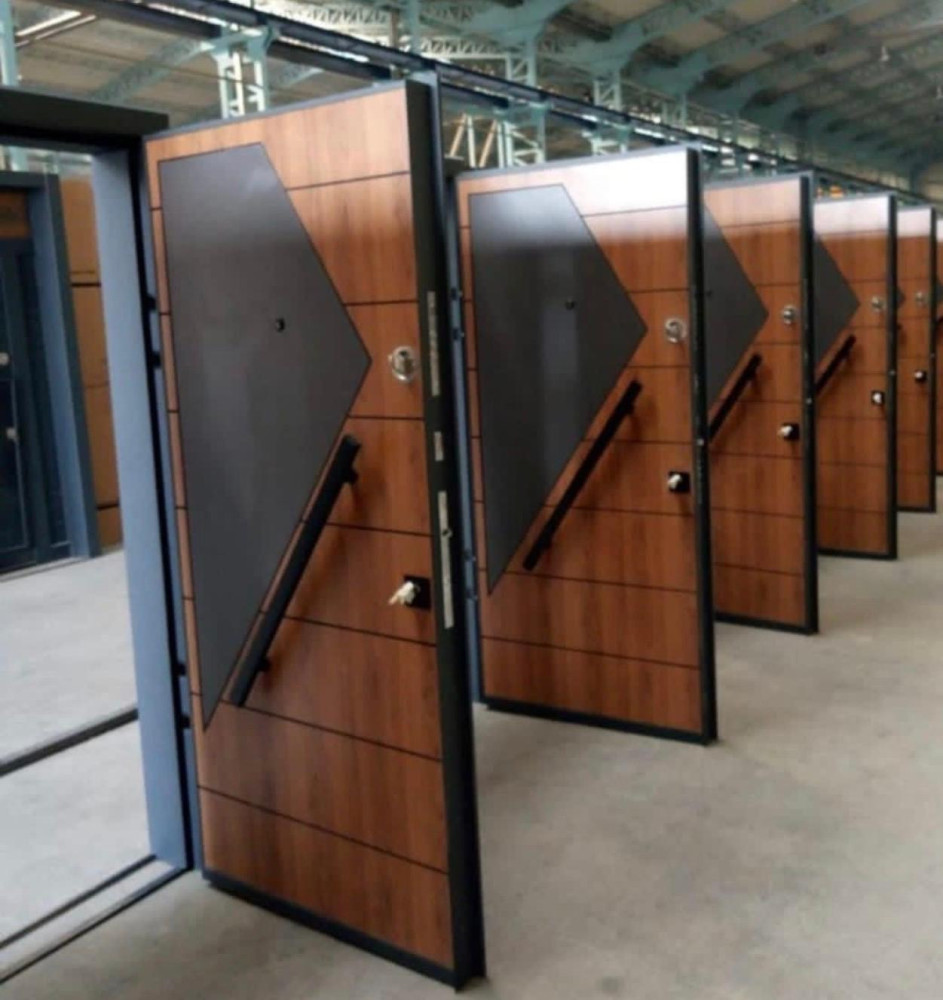 Turkish Security Steel Door with a wood-grain finish and a black daimond-shaped panel