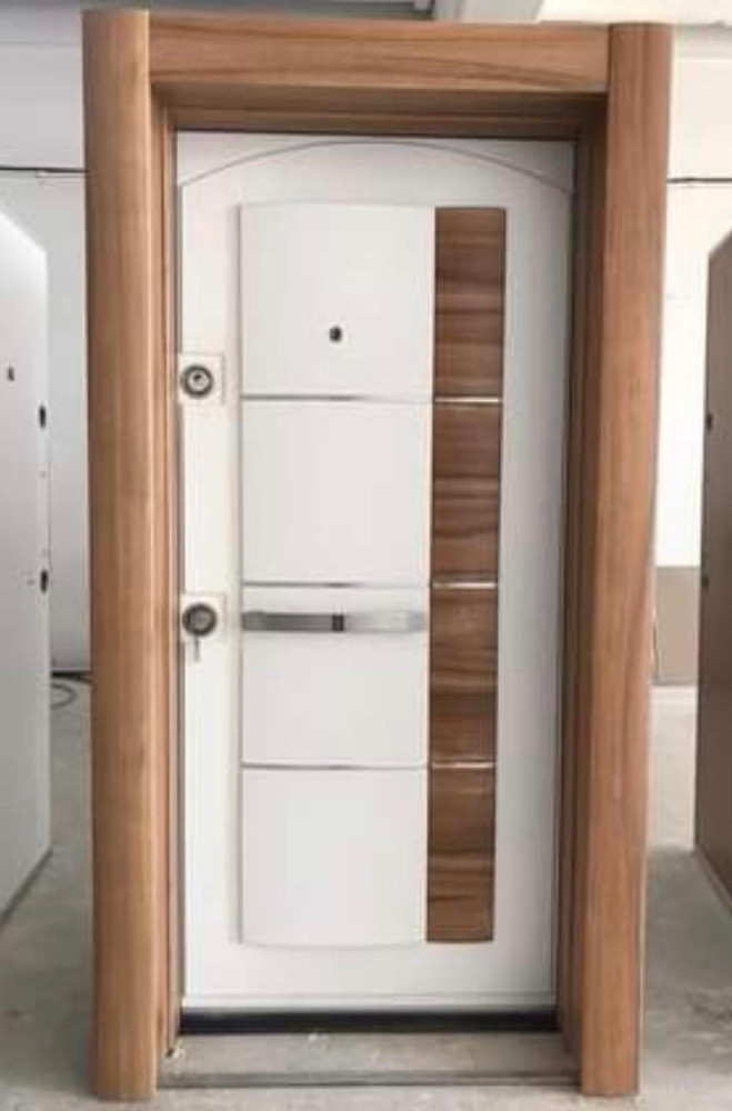 Modern White and wood-finish Turkish Steel Security Door