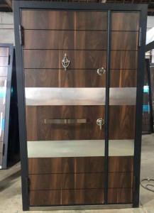 Modern Steel Security Door with wood-grain and stainless Steel accents