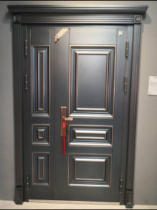Cast Aluminum or Steel Security Door with a dark finish and bronze accents