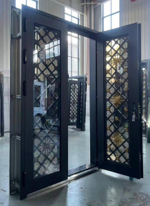 Steel Security Door with a dark wood grain finish