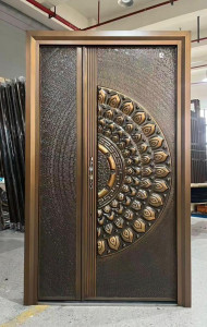 Steel Security Door with a wood-grain finish and stainless steel grill insert