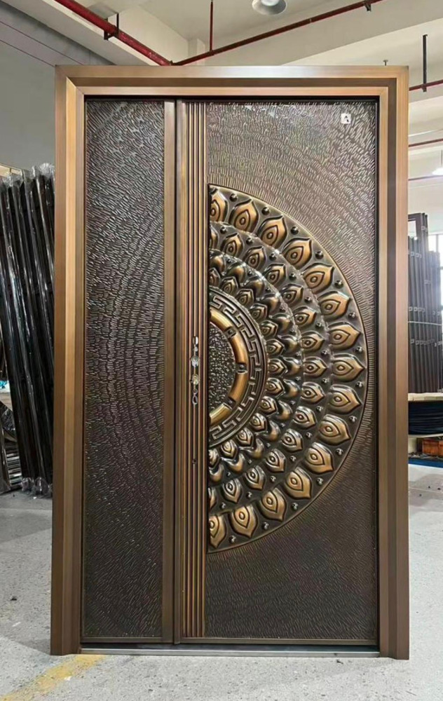 Steel Security Door with a wood-grain finish and stainless steel grill insert