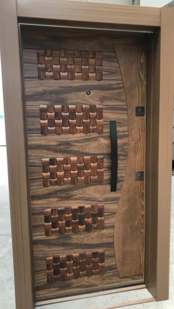 Modern Exterior Security Door with a wood-grain finish and stainless accents