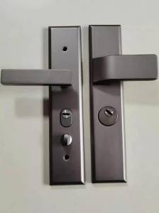 Contemporary multipoint Exterior door handle set with a keyed entry and thumb-turn in a brushed nickel