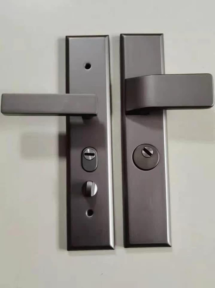 Contemporary multipoint Exterior door handle set with a keyed entry and thumb-turn in a brushed nickel