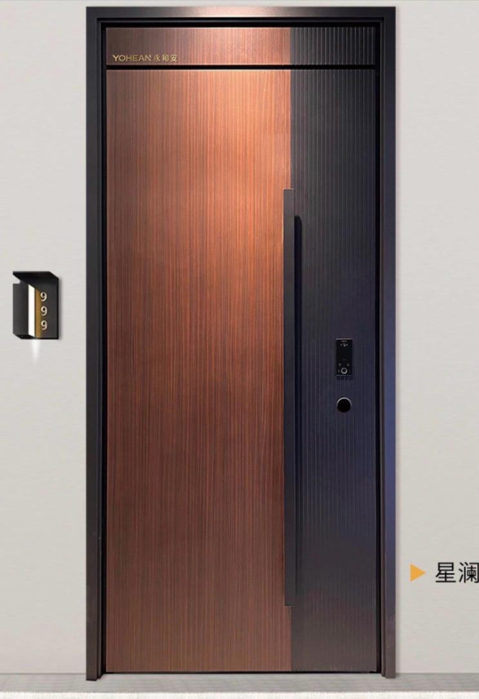 Modern Pivot Entry Door with a brushed metal finish and a long vertical handle