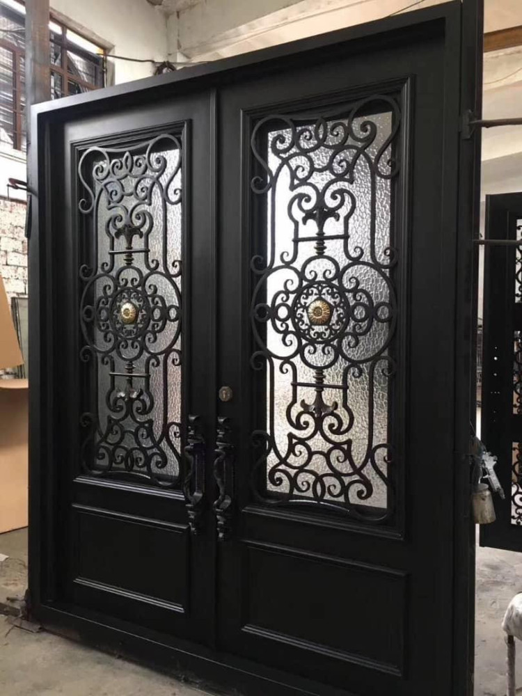 UNIQUE QUALITY COPPER GLASS DOOR-Luxury Double Wrought Iron Security Door with Decorative Glass Panels