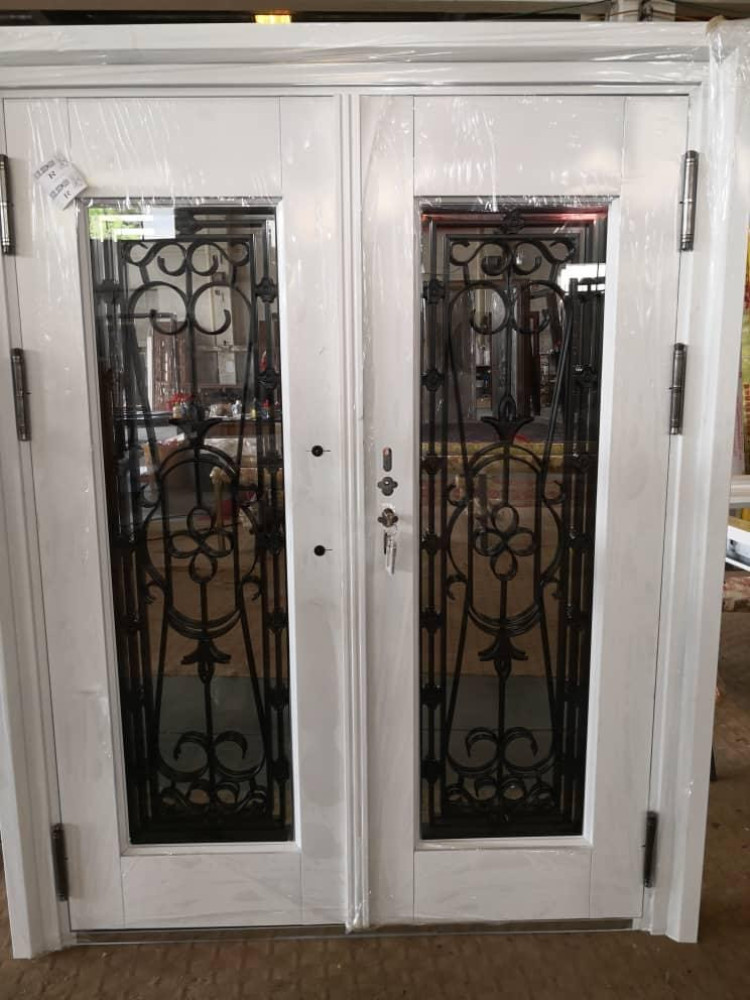 UNIQUE QUALITY COPPER GLASS DOOR-Luxury Double Wrought Iron Security Door with Decorative Glass Panels
