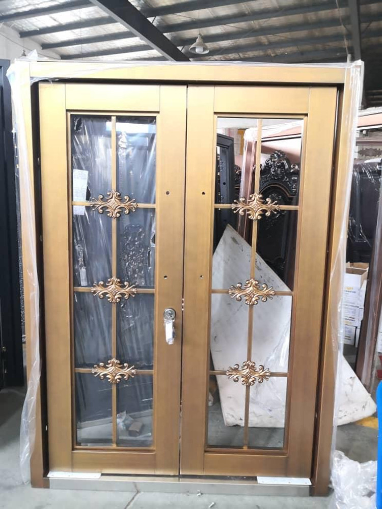 UNIQUE QUALITY COPPER GLASS DOOR-Luxury Double Wrought Iron Security Door with Decorative Glass Panels