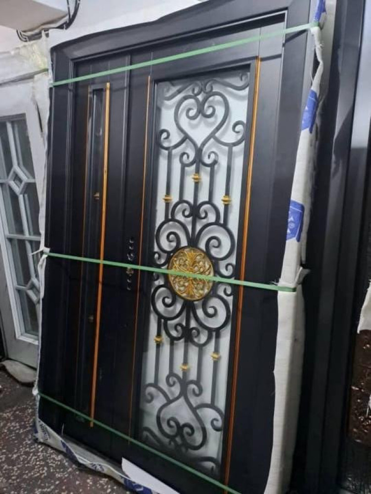 UNIQUE QUALITY COPPER GLASS DOOR-Luxury Double Wrought Iron Security Door with Decorative Glass Panels