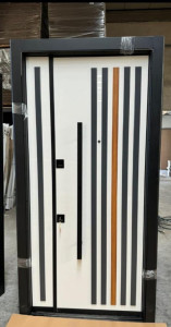 TURKEY LUXURY DOORS-Modern Steel Security Door – White with Black & Wooden Accent Stripes
