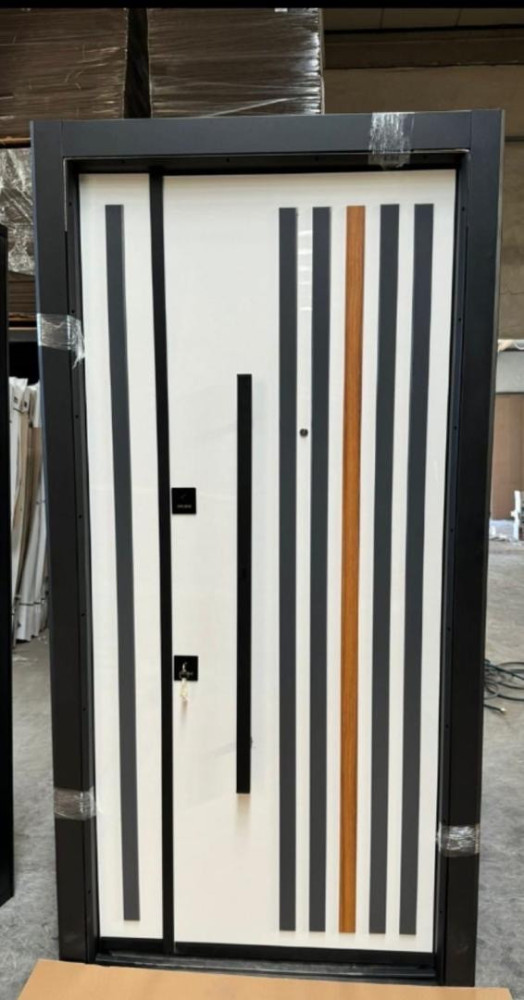 TURKEY LUXURY DOORS-Modern Steel Security Door – White with Black & Wooden Accent Stripes