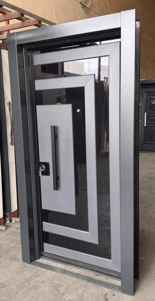TURKEY LUXURY DOORS-Modern Steel Security Door – White with Black & Wooden Accent Stripes