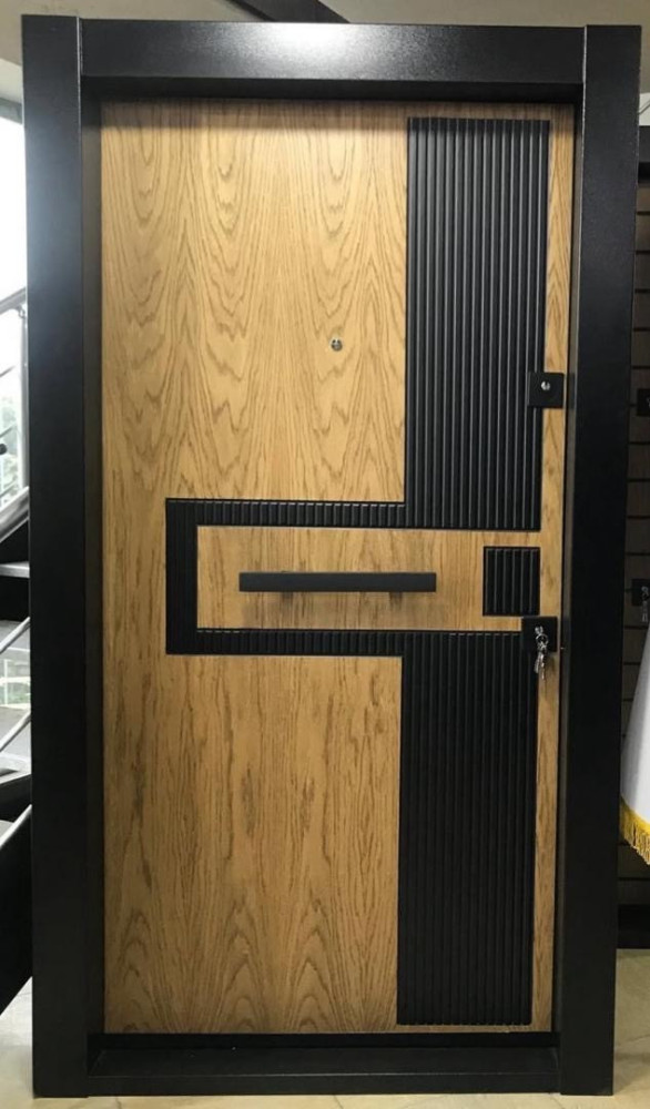 TURKEY LUXURY DOORS-Modern Steel Security Door – White with Black & Wooden Accent Stripes