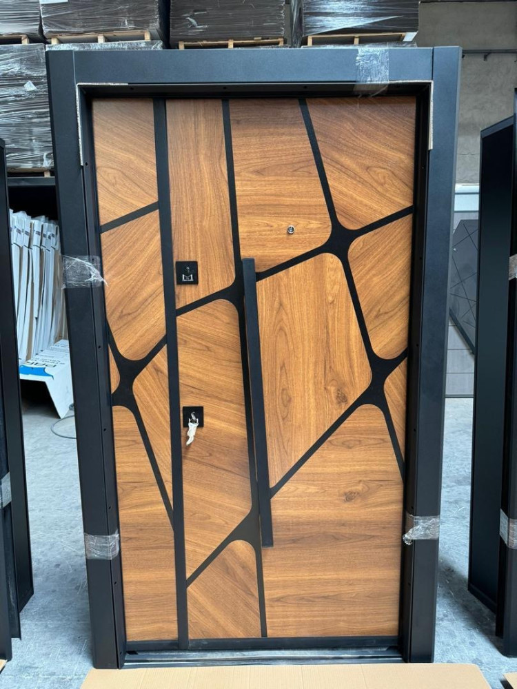 TURKEY LUXURY DOORS-Modern Steel Security Door – White with Black & Wooden Accent Stripes