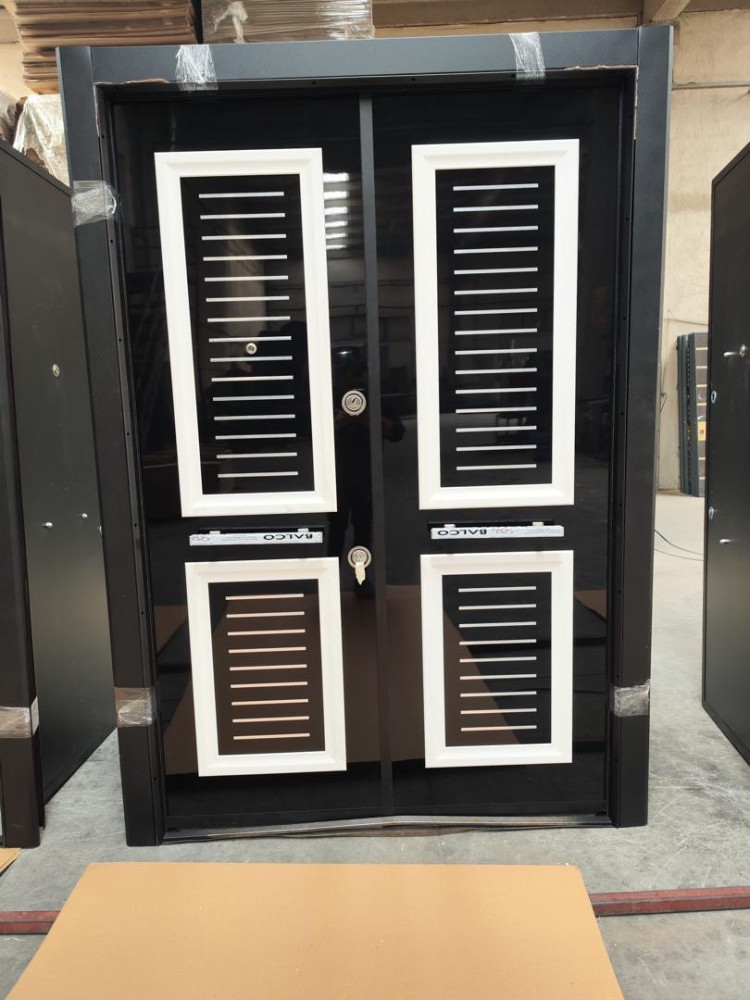 TURKEY LUXURY DOORS-Modern Steel Security Door – White with Black & Wooden Accent Stripes