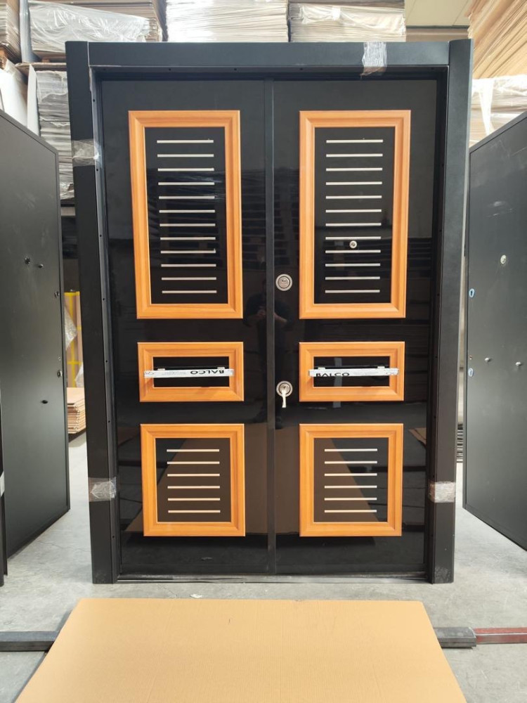 TURKEY LUXURY DOORS-Modern Steel Security Door – White with Black & Wooden Accent Stripes