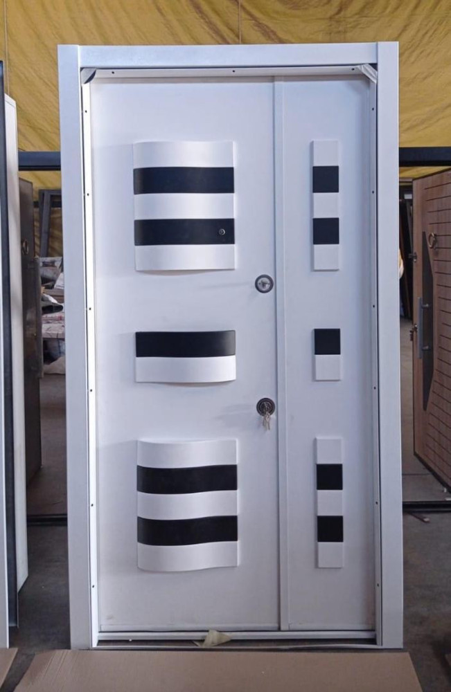 TURKEY LUXURY DOORS-Modern Steel Security Door – White with Black & Wooden Accent Stripes