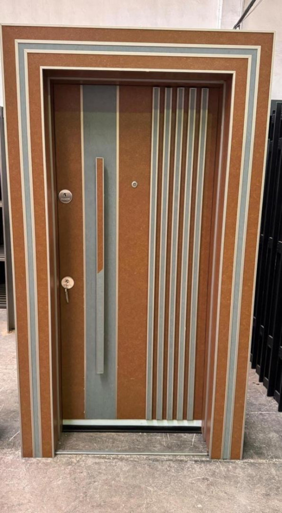 TURKEY LUXURY DOORS-Modern Steel Security Door – White with Black & Wooden Accent Stripes