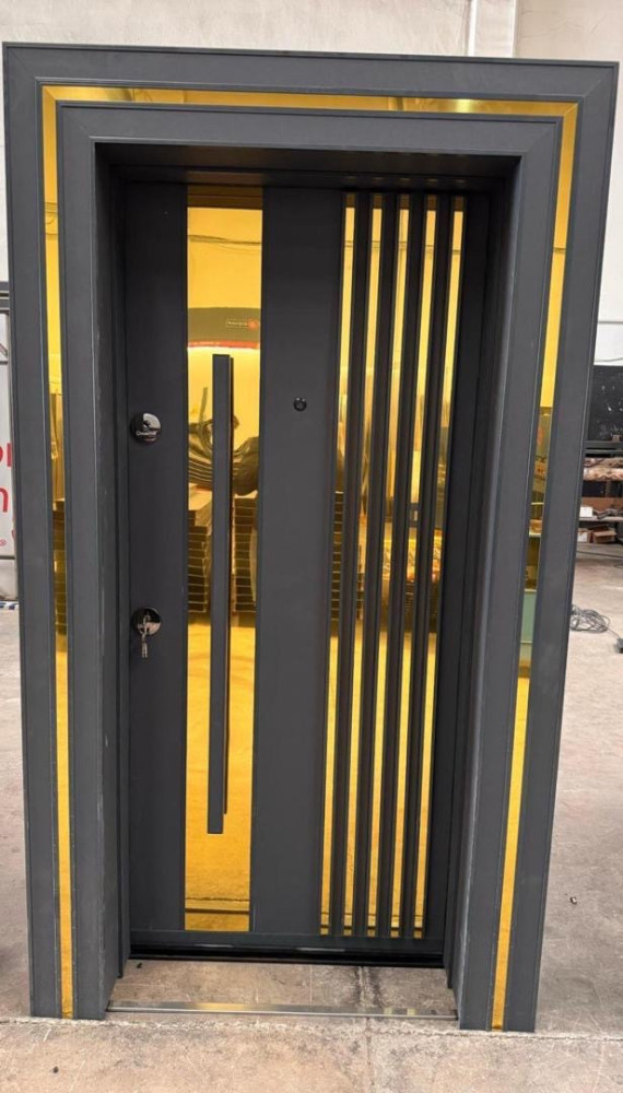 TURKEY LUXURY DOORS-Modern Steel Security Door – White with Black & Wooden Accent Stripes