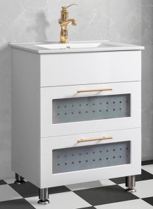UNIQUE TOILET BASIN CABINETS-Modern White Bathroom Vanity Cabinet with Sink & Gold Faucet