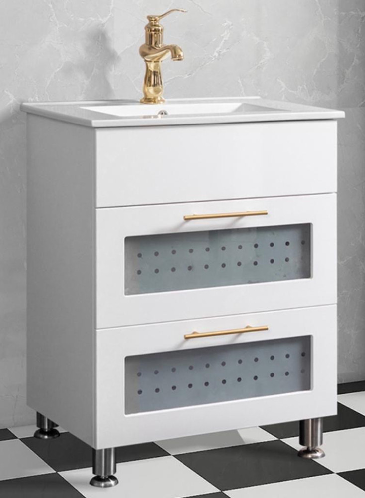 UNIQUE TOILET BASIN CABINETS-Modern White Bathroom Vanity Cabinet with Sink & Gold Faucet