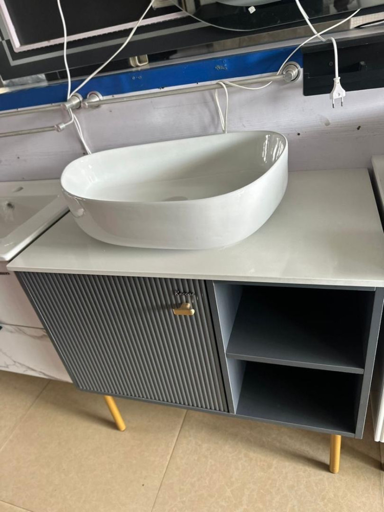 UNIQUE TOILET BASIN CABINETS-Modern White Bathroom Vanity Cabinet with Sink & Gold Faucet