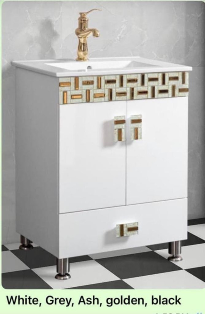 UNIQUE TOILET BASIN CABINETS-Modern White Bathroom Vanity Cabinet with Sink & Gold Faucet