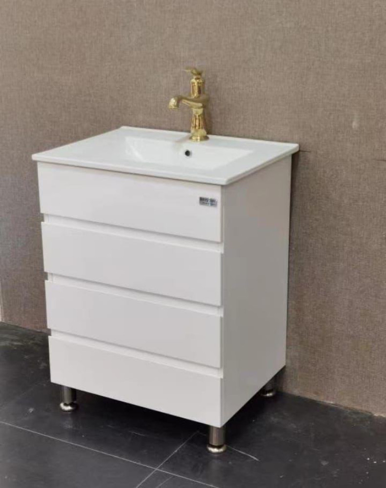 UNIQUE TOILET BASIN CABINETS-Modern White Bathroom Vanity Cabinet with Sink & Gold Faucet