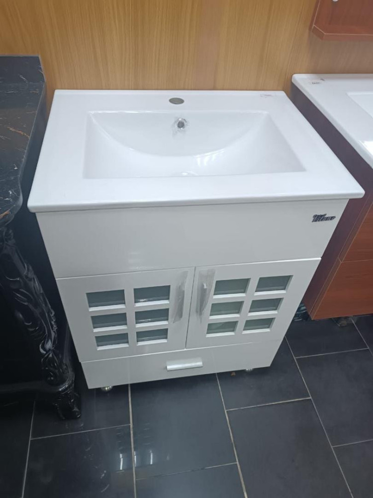 UNIQUE TOILET BASIN CABINETS-Modern White Bathroom Vanity Cabinet with Sink & Gold Faucet