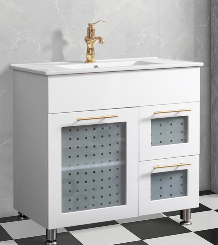 UNIQUE TOILET BASIN CABINETS-Modern White Bathroom Vanity Cabinet with Sink & Gold Faucet