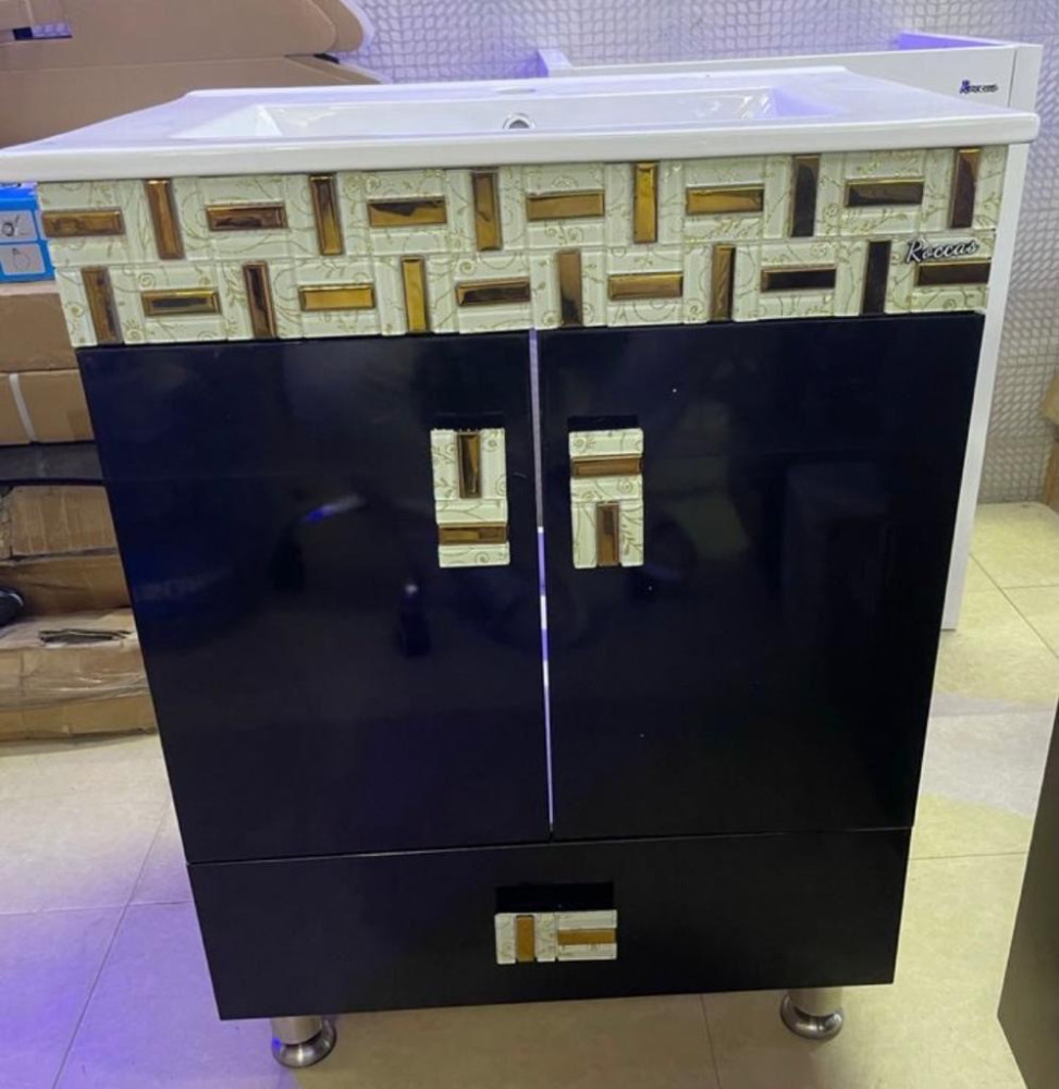 UNIQUE TOILET BASIN CABINETS-Modern White Bathroom Vanity Cabinet with Sink & Gold Faucet