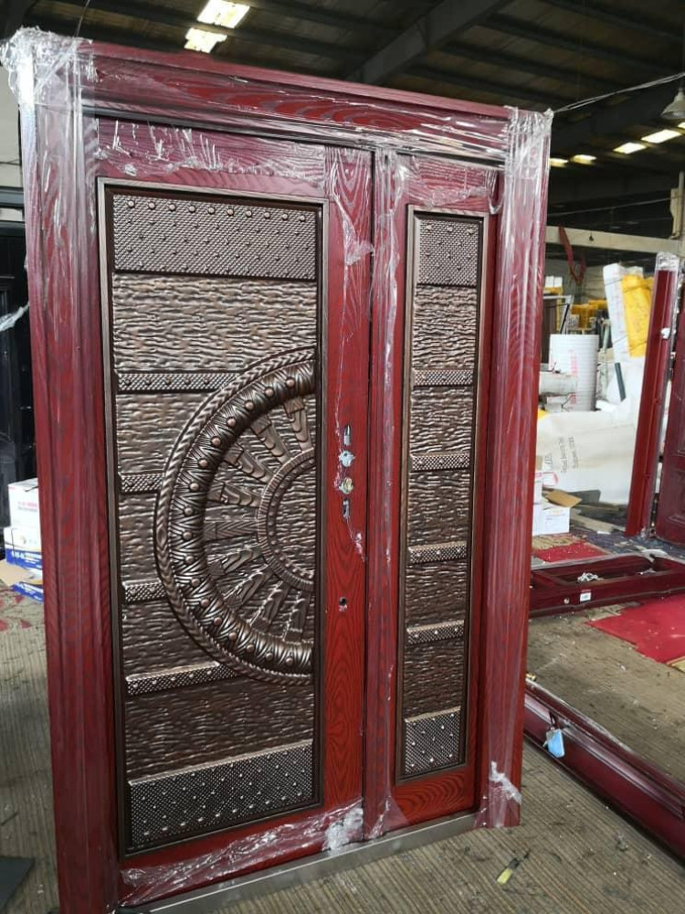 Double-leaf Security Steel Door with a red copper-colored finish 