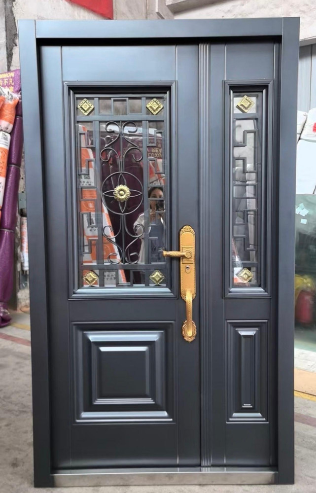 Steel Security Door with a decorative glass panel and a gold-cloured handle