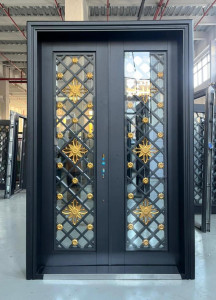 Double Security Door with glass Panels and decorative wrought Iron