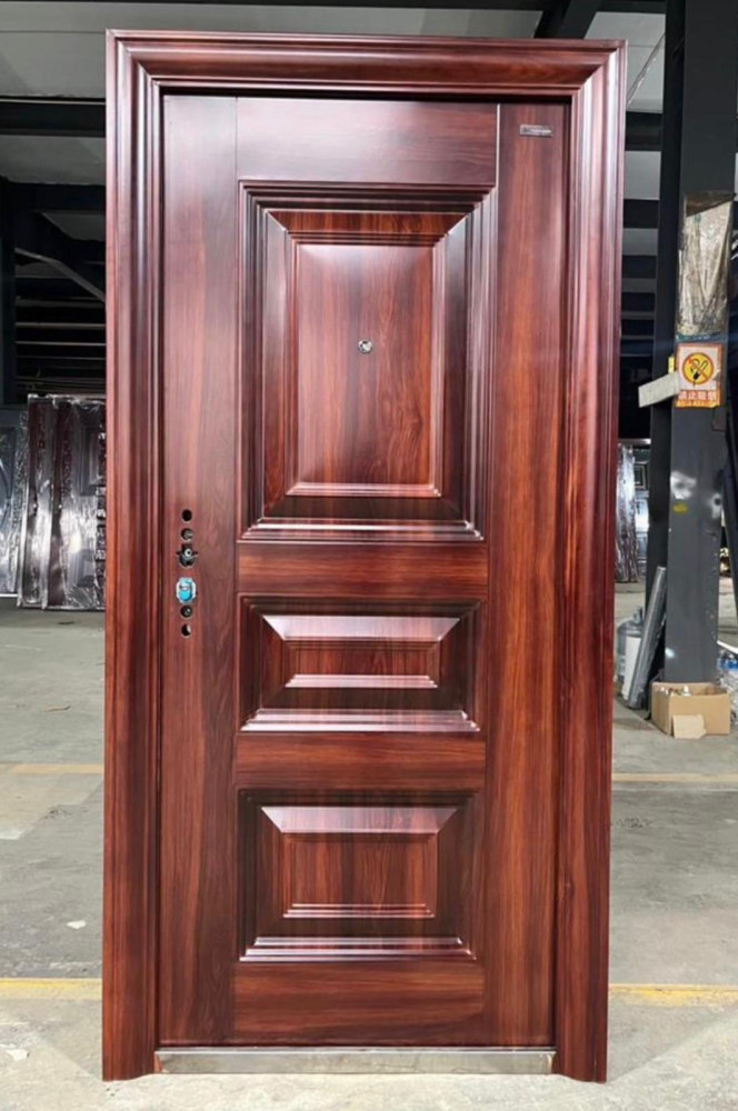 Steel Security Door with a wood-grain finish