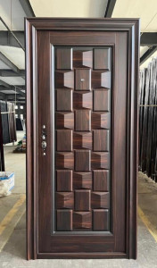 Security Steel Door with a dark wood grain finish and a geometric raised -panel design