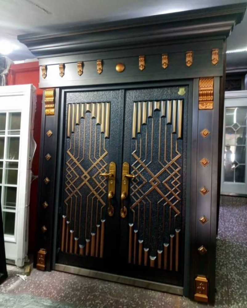 Double-leaf Steel Security Door with a black finish and gold-coloured decorative accents