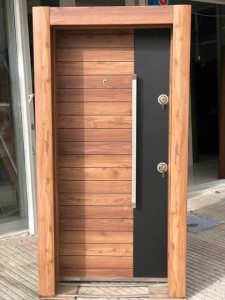 Modern Security Door with a wood-panel finish and black metal section
