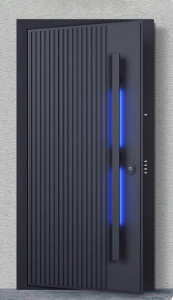 Modern Steel Security Entrance Door with Vertical paneling and integrated blue Led Lighting