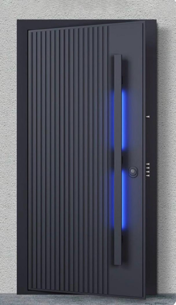 Modern Steel Security Entrance Door with Vertical paneling and integrated blue Led Lighting